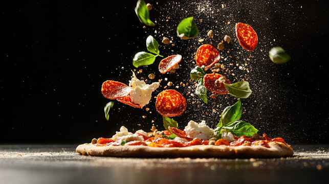 Dynamic shot of deconstructed pizza with flying pepperoni, basil, and cheese against dark background