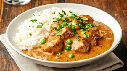 Aromatic brown curry with tender meat chunks, served over fluffy white rice and garnished with fresh green peas and cilantro. The dish is presented in a white bowl on a rustic wooden table.