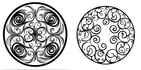 Decorative swirling patterns in black and white, showcasing intricate design elements and flowing movements
