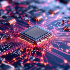 Close up view of a central processing unit (CPU) chip on a circuit board, glowing with pink and orange light. The intricate circuitry is highly detailed.