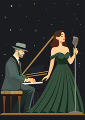 Jazz concert, woman singing accompanied by a man playing the piano