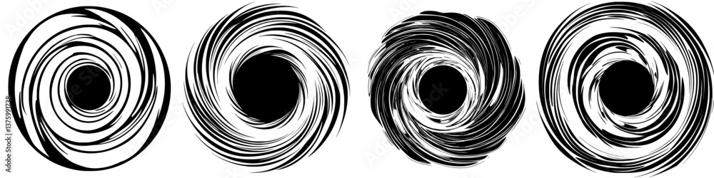 Poster swirling black and white patterns creating dynamic circular designs with varying thickness in lines