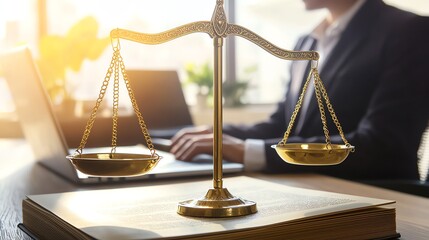Legal scale in office with laptop and book.
