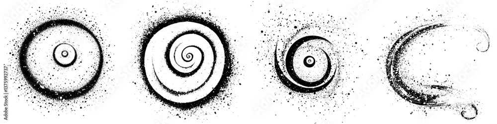 Poster abstract spirals and swirls created with black particles on a white background showcasing dynamic mo