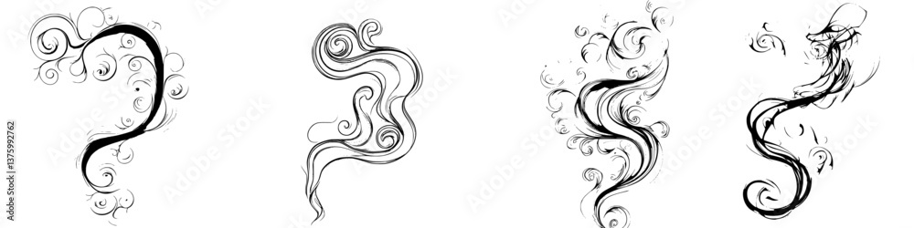 Poster decorative swirling designs in intricate patterns created with fine lines on a blank background