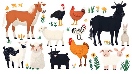 Obraz premium Professional Set of Farm Animals: Horse, Cow, Hen, Domestic Livestock for Agricultural Use