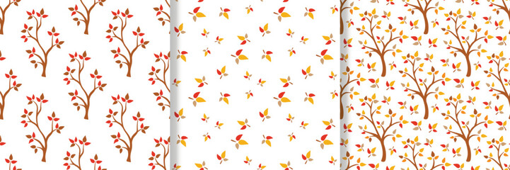 Autumn trees and falling leaves seamless pattern set. Fall season background. Nature print for textile, paper, packaging, fabric, vector graphics