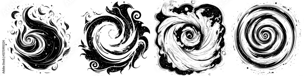 Poster swirling patterns displayed in contrasting black and white create a dynamic visual experience of ene