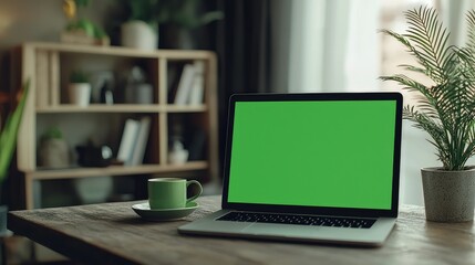 Fototapeta premium A cozy home workspace with a laptop on a wooden table, a green screen display, and a cup of tea.