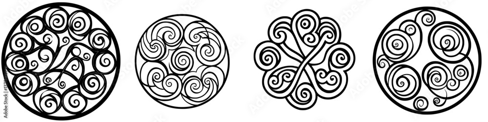 Poster artistic swirls and patterns create unique circular designs in black and white on a simple backgroun