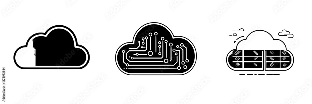 Poster symbols representing cloud computing technology with digital elements and circuit designs against a 