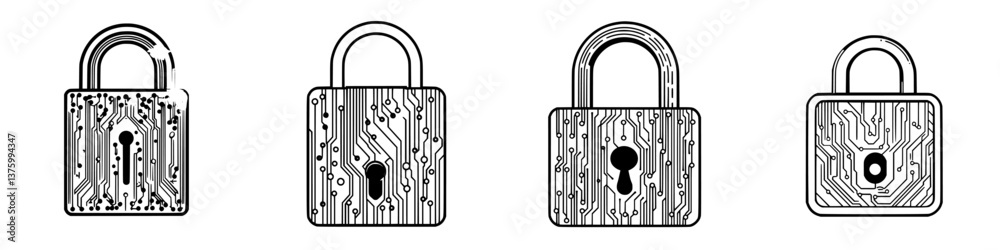 Poster digital locks with circuit designs representing cybersecurity and modern protection methods in techn