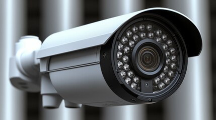 A watchful eye ensuring safety and security, a modern security camera against a blurred city backdrop in sleek white and black.