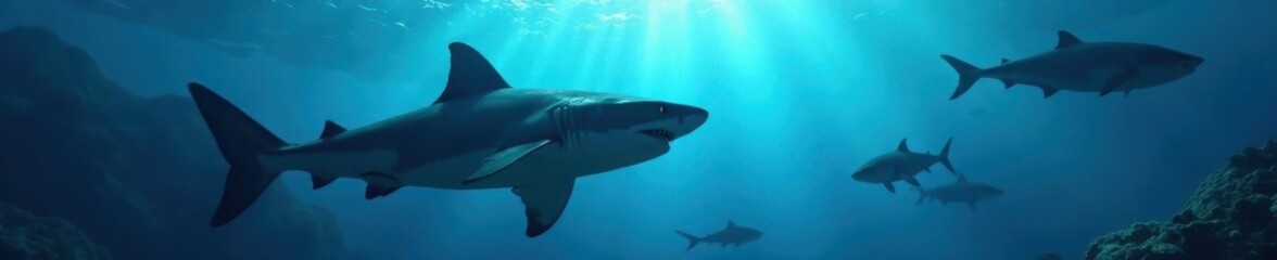 Naklejka premium Great white shark hunts silhouetted fish underwater, nature photography, ocean