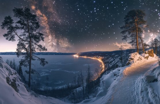 A starry sky, the Milky Way, in the foreground is an icy path leading to lake at night, a winter landscape, with pine trees on both sides of the lake and light trails from street lamps along it.