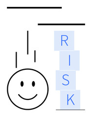 happy face falling near stacked blocks labeled RISK, suggesting decision-making, danger, or risk management. Ideal for business, growth, uncertainty, strategy, balance teamwork abstract line flat