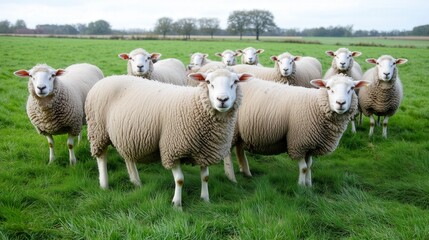 Obraz premium A flock of sheep grazing peacefully on a lush green pasture, capturing rural charm and the essence of sustainable farming