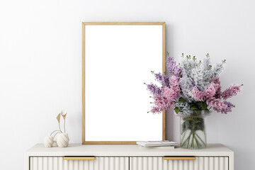 Frame mockup with violet flowers on the table, 3d render