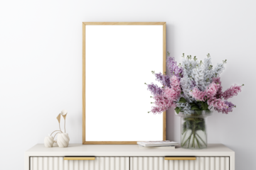 Frame mockup with violet flowers on the table, 3d render
