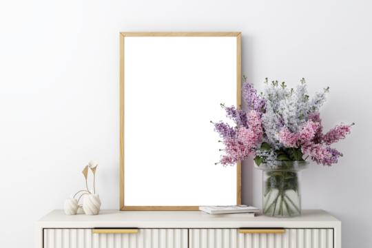 Frame mockup with violet flowers on the table, 3d render