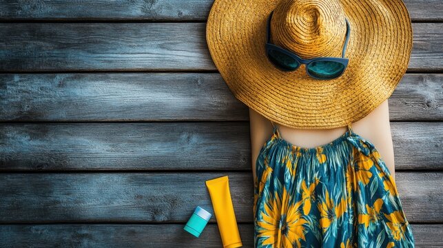 A flat lay of summer vacation fashion, including a flowy skirt, halter top, sunblock, and a wide-brim hat.