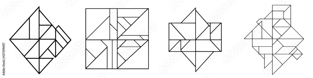 Poster geometric abstract patterns in four distinct designs showcasing angled lines and simplistic shapes