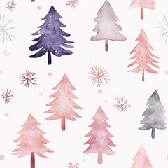 Obraz premium Watercolor Christmas Tree Pattern with Snowflakes and Stars Design