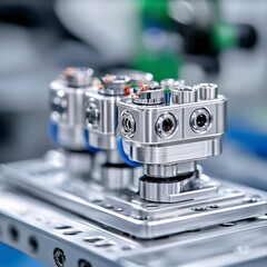 Close up of metallic industrial components, showcasing intricate details and connections. The polished metal reflects light, highlighting the precise engineering.