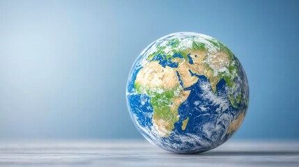 A detailed model of planet Earth rests on a light grey wood surface against a pale blue background. The globe shows continents and oceans with realistic texture.