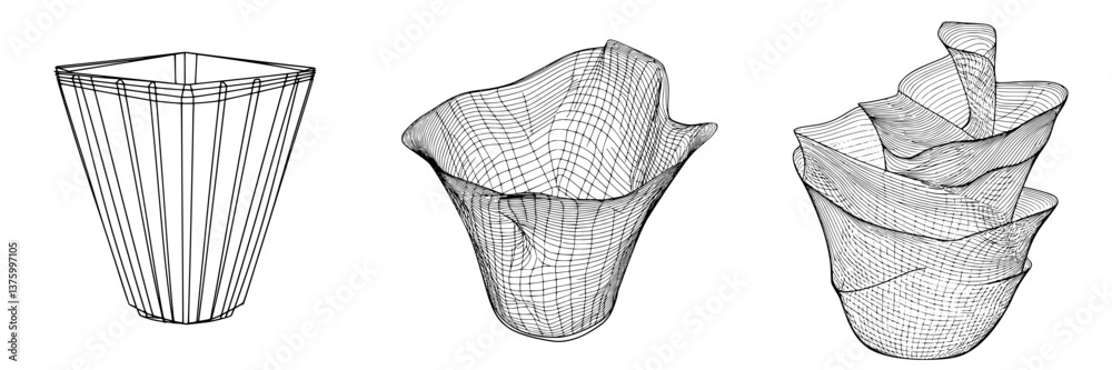 Poster wireframe models of modern vases displayed against a plain background in a creative design setting