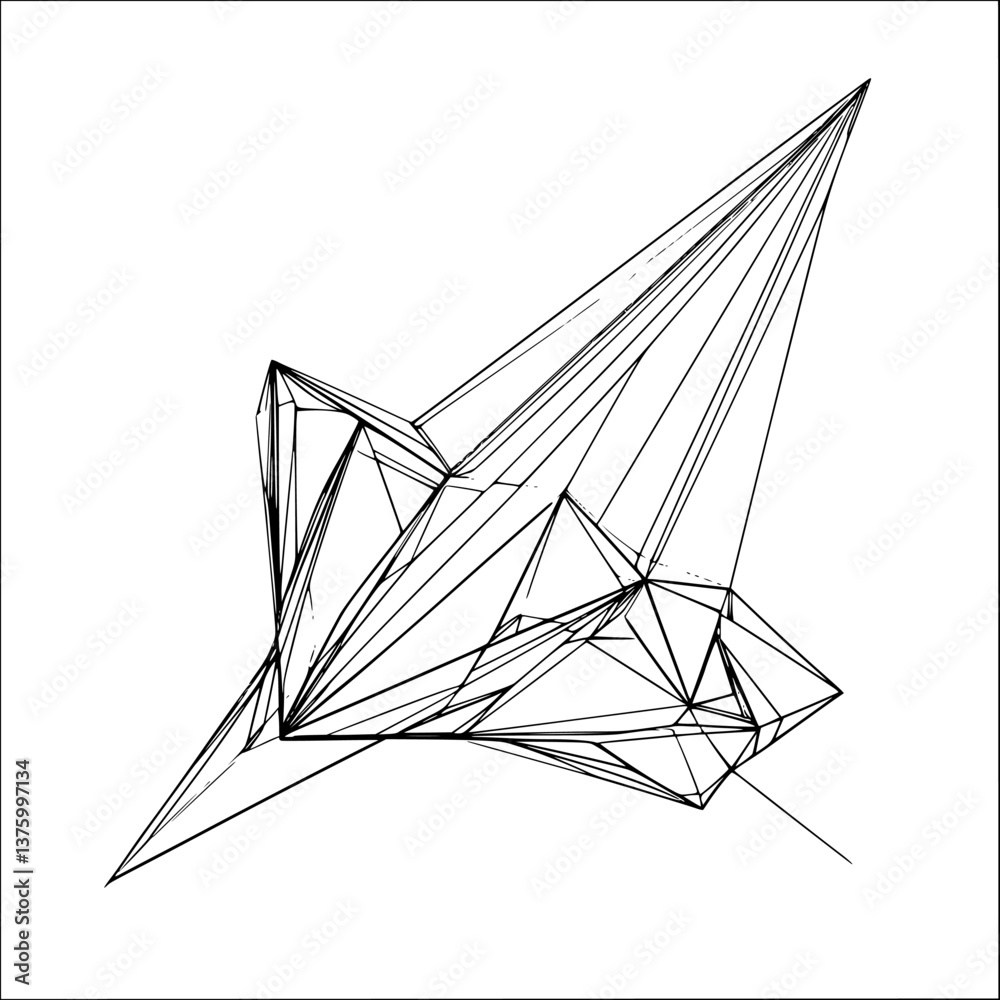 Poster complex geometric structure with interconnecting lines and shapes displayed against a white backgrou