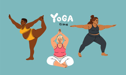 Obraz premium Plus size Girls Practice Yoga With Confidence And Strength, Embracing Body And Its Capabilities, Dispelling Stereotypes Of Physical Fitness And Beauty Standards. Cartoon People Vector Illustration