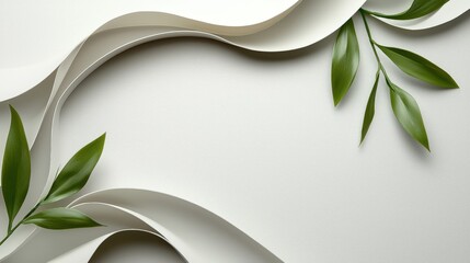 Elegant white paper waves frame lush green leaves creating a sophisticated and minimalist background ideal for presentations or website design projects.