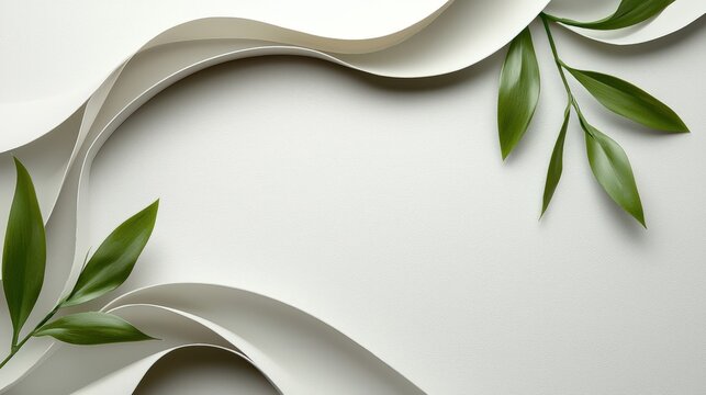 Elegant white paper waves frame lush green leaves creating a sophisticated and minimalist background ideal for presentations or website design projects.