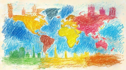 Obraz premium A crayon-drawn world map with a childlike artistic touch.