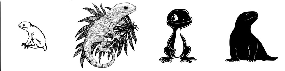 Stylized illustrations of various reptiles and amphibians in a minimalist design showcasing unique features and forms