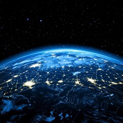 Obraz premium Night view of Earth from space, showing city lights and starlit sky. Detailed view of continents and oceans illuminated at night.