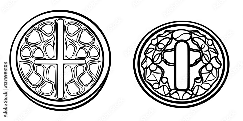Poster intricate designs of religious symbols displayed in a circular shape with intricate patterns and a f