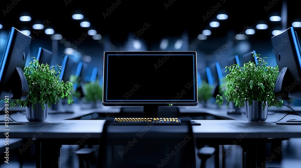 Poster empty computer screen in a dimly lit office space with rows of computers and potted plants. dark bac
