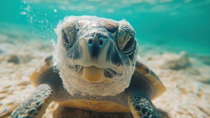 Obraz premium turtle struggling with plastic wrap close up focus on entanglement realistic manipulation turquoise shallows
