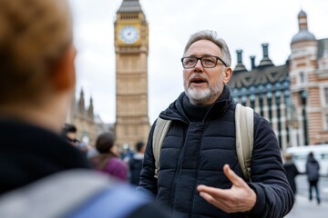 A passionate tour guide passionately explains the history of London's iconic Big Ben, captivating the audience with stories while standing in a lively public square.