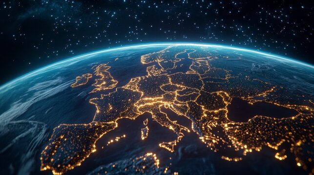 Night view of Europe from space, showing city lights illuminating the continent against a dark background with stars. 