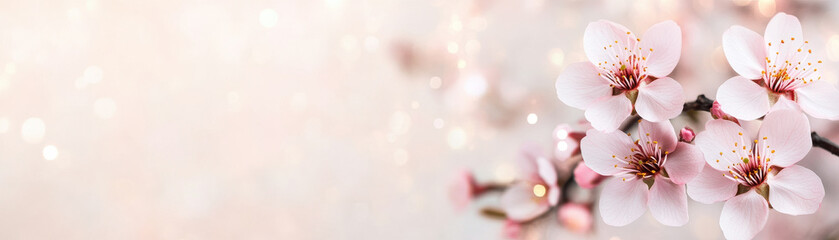 Soft pink cherry blossoms with delicate petals create serene atmosphere, perfect for springtime beauty