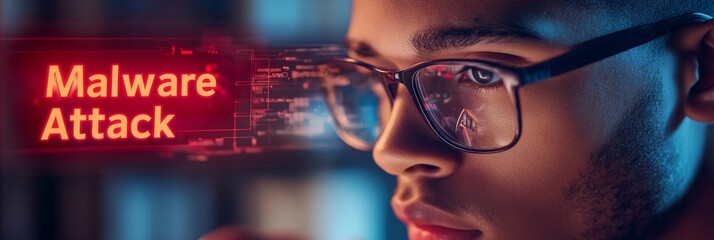 Serious Male Professional Analyzing Holographic Malware Attack Alert, Cybersecurity Concept