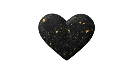 Black heart with gold inclusions on isolated background, cut out transparent