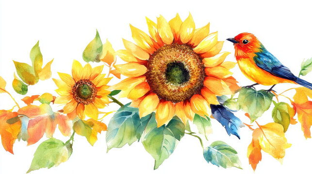 Sunflower and Bird: A vibrant composition showcasing a beautiful sunflower and a colorful bird perched on a leafy branch. Capturing a sense of nature.
