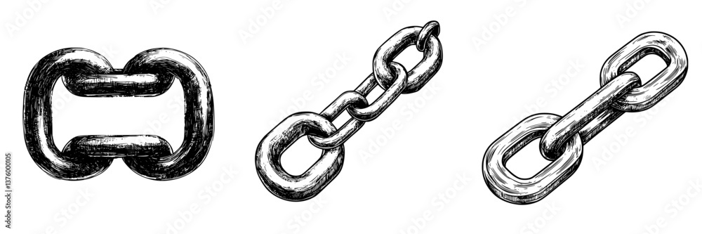 Poster unique hand-drawn chain links displayed in three different styles with intricate details and texture