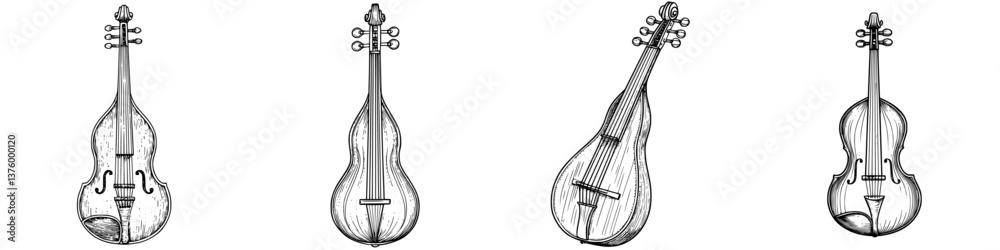 Poster various string instruments displayed in an artistic arrangement with detailed illustrations and uniq