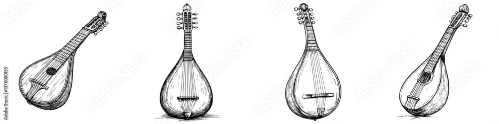 Poster detailed sketches of traditional string instruments displayed together in a simple arrangement creat