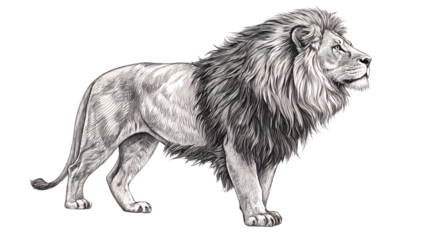 male lion with big shaggy mane illustration, hand drawn pencil sketch in black isolated on white background, nature clip-art, detailed drawing of single lion standing, big lion from Africa